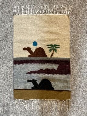 Egyptian Handwoven Camel Wool Kilim Folk Art Tapestry Rug Wall Vintage 23"x16"